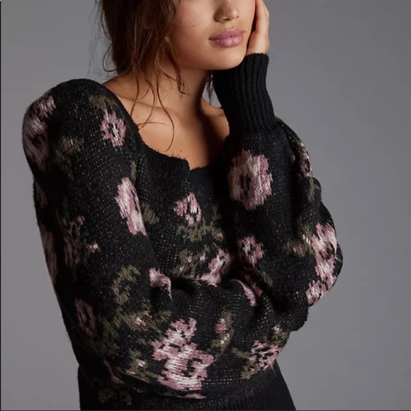 Anthropologie Square Neck Sweater in Black Floral NWT S - Picture 3 of 8